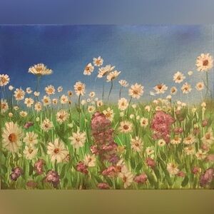 Hand Crafted Floral Meadow Painting - Blue, Green, and White